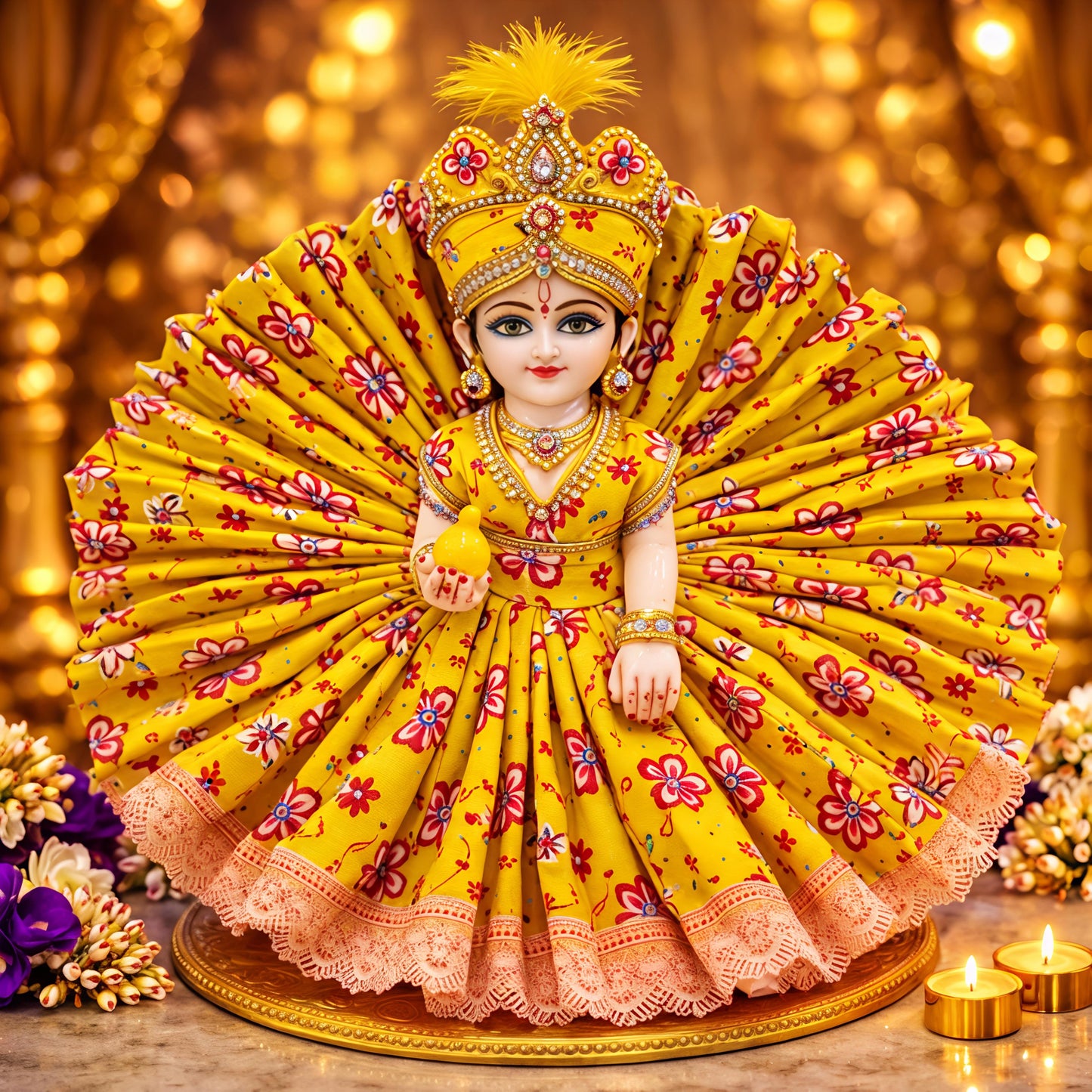 Radiant Yellow Laddu Gopal Idol in Floral Designer Dress – Premium Decorative Murti | Resiglow