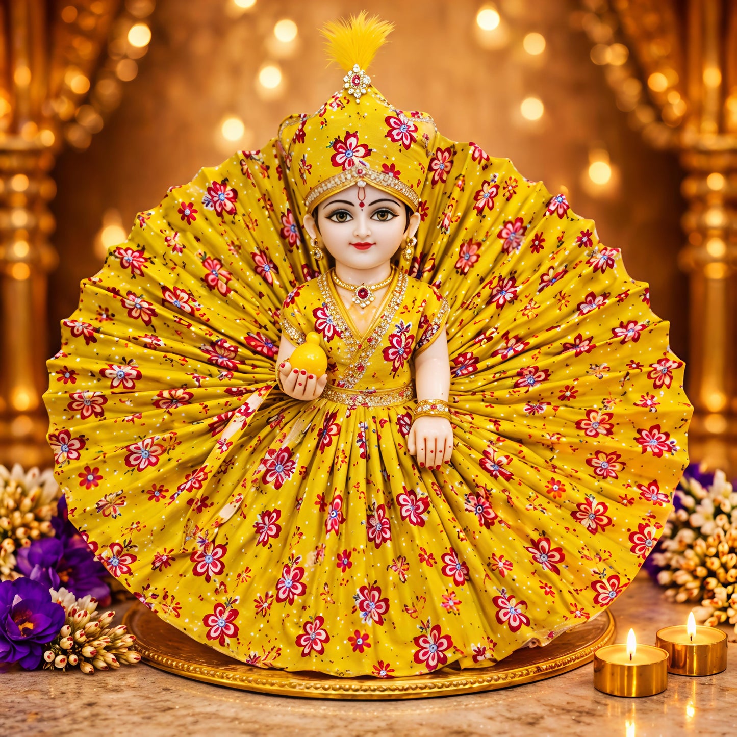 Elegant Yellow Floral Laddu Gopal Idol with Royal Mukut & Fan Dress – Premium Decorative Murti | Resiglow