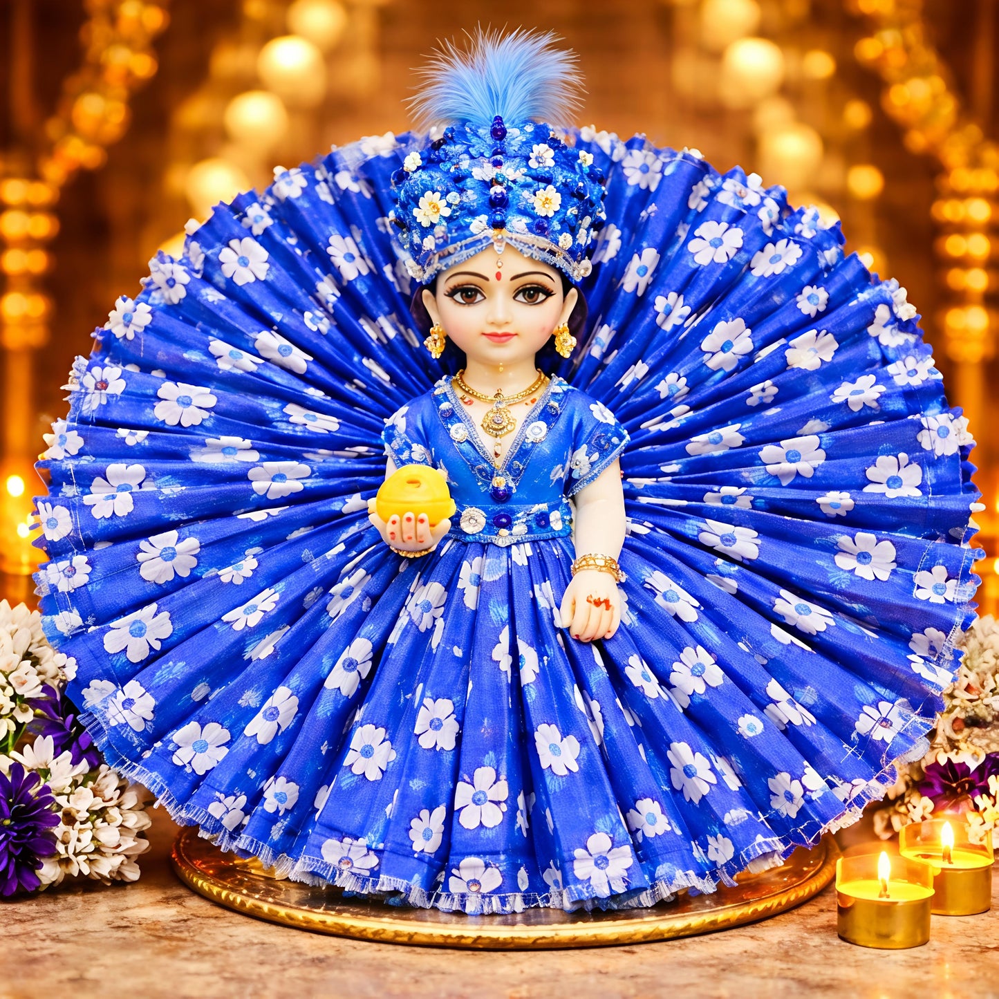 Elegant Blue Floral Laddu Gopal Idol with Feather Mukut – Designer Fan Dress Murti | Resiglow