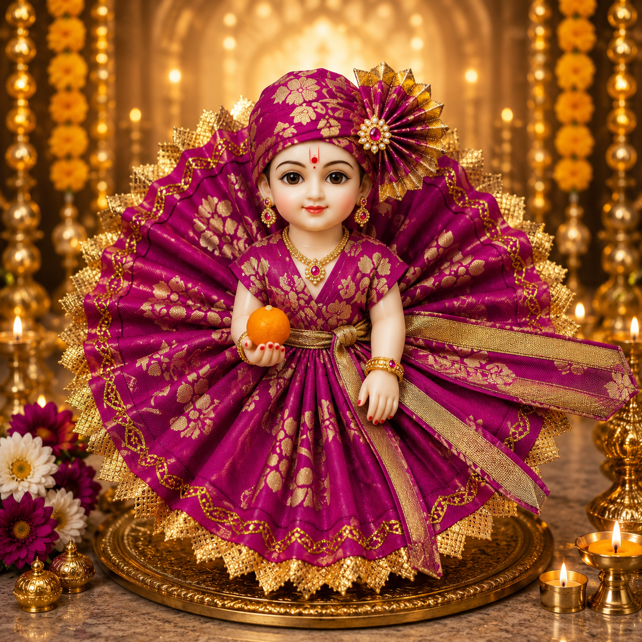 Resiglow Premium Rani Pink Laddu Gopal Poshak with Golden Lace & Designer Pagdi | Royal Kanha Ji Dress for Janmashtami Shringar
