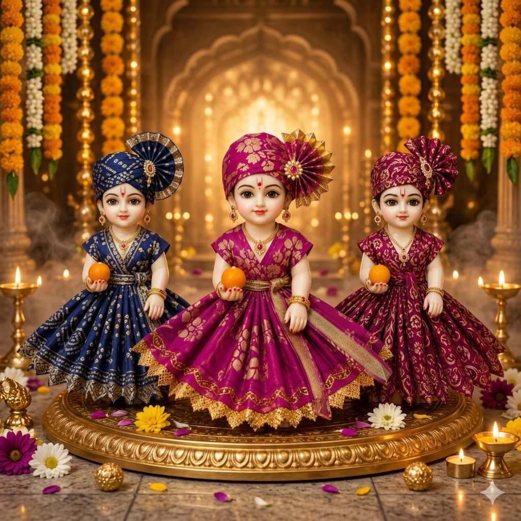 Resiglow Premium Laddu Gopal Combo Poshak Set of 3 | Royal Navy Blue, Rani Pink & Wine Purple Designer Kanha Ji Dresses with Matching Pagdi