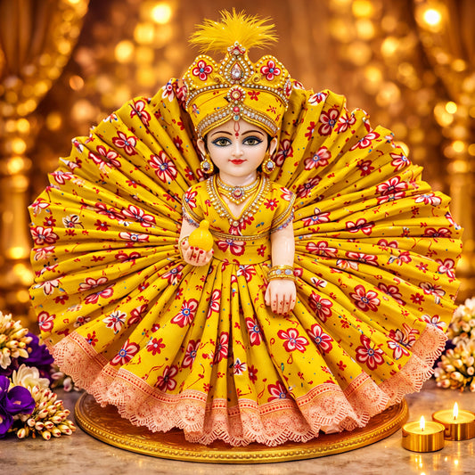 Radiant Yellow Laddu Gopal Idol in Floral Designer Dress – Premium Decorative Murti | Resiglow