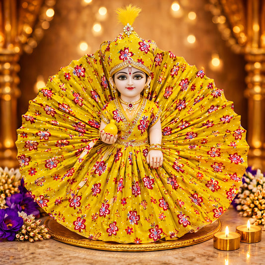Elegant Yellow Floral Laddu Gopal Idol with Royal Mukut & Fan Dress – Premium Decorative Murti | Resiglow