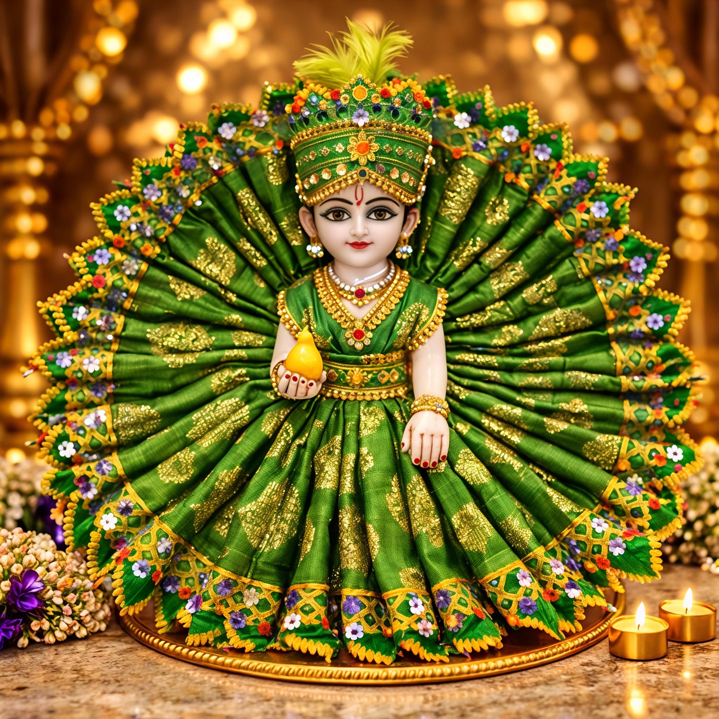 Royal Green & Gold Laddu Gopal Idol with Designer Fan Dress – Premium Decorative Murti | Resiglow