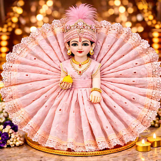 Premium Pink Designer Laddu Gopal Idol with Feather Mukut – Elegant Fan Dress Murti | Resiglow