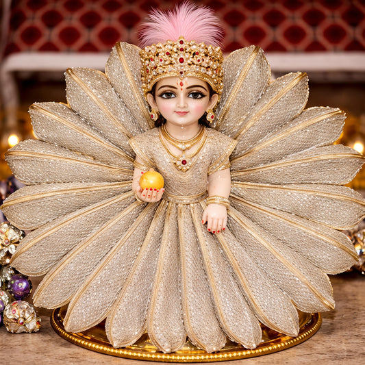 Luxury Gold Designer Laddu Gopal Idol with Royal Crown & Feather – Premium Fan Dress Murti | Resiglow