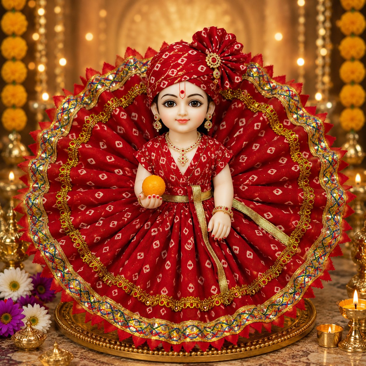 Resiglow Royal Red Laddu Gopal Poshak with Designer Pagdi & Golden Lace Work | Premium Kanha Ji Dress for Janmashtami Shringar