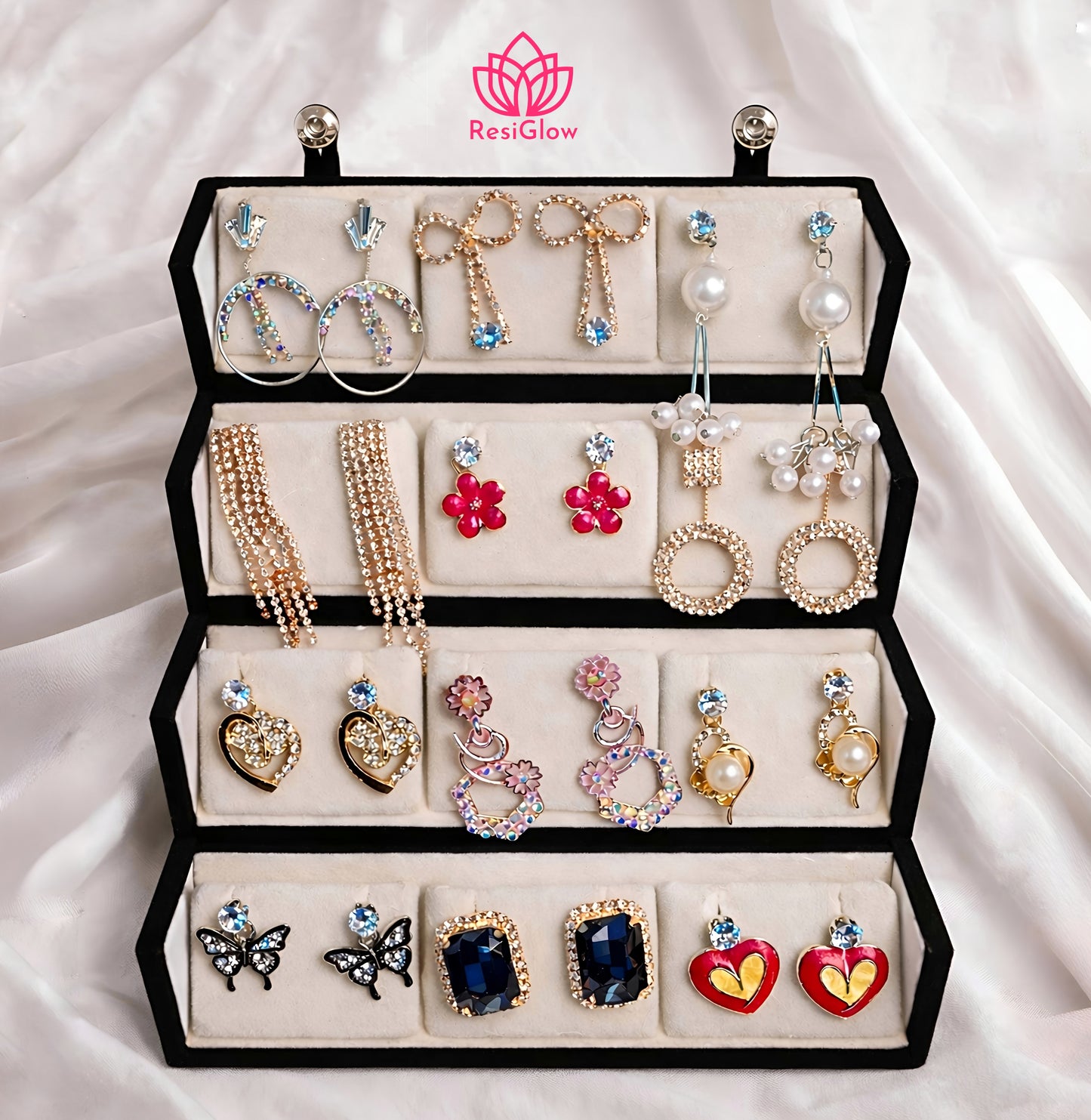 Set Of 12 Oxidized Designer Stud Earrings With Folding Jewelry Box