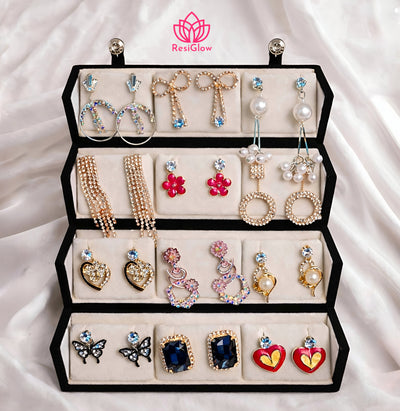 Set Of 12 Oxidized Designer Stud Earrings With Folding Jewelry Box